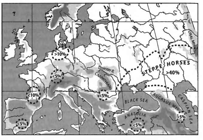 中期完新世（紀元前5000年ごろ）における野性ウマの分布図
